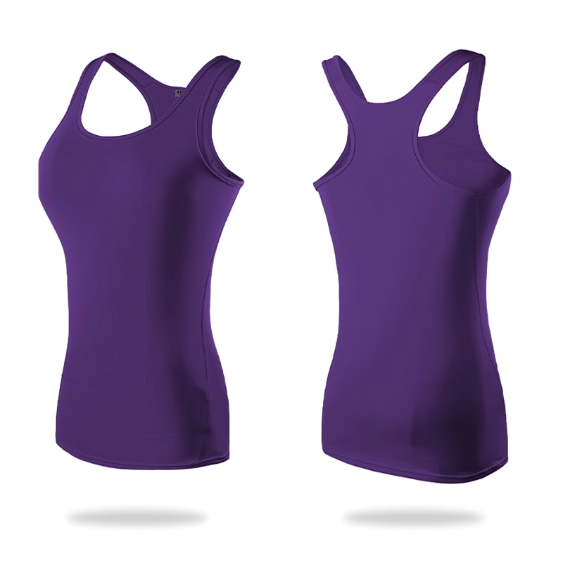 Purple elastic women's tank top for gym, fitted and breathable, front and back view, ideal sportswear for comfort and mobility.